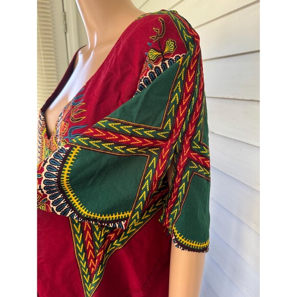 Red Print Dashiki Kaftan Dress Maxi Long Vintage One Size XL XXL - Picture 4 of 7